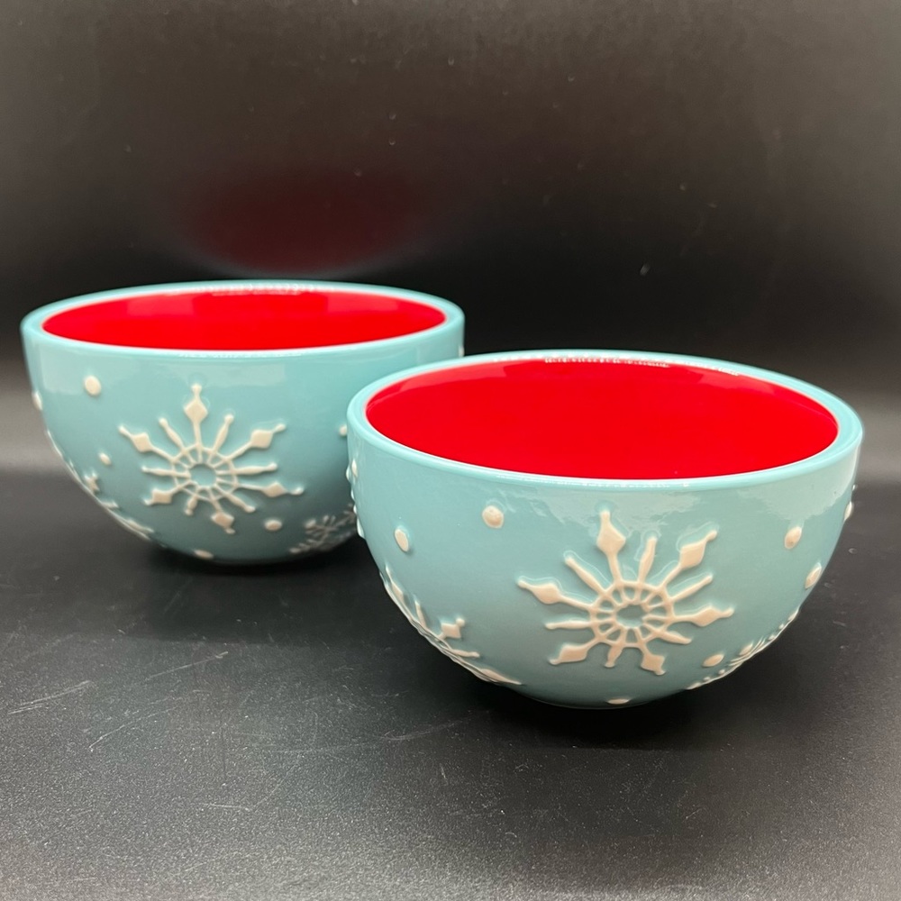 Hallmark North Pole Cozy Bowls(2) Blue with White Snowflakes and Red Inside